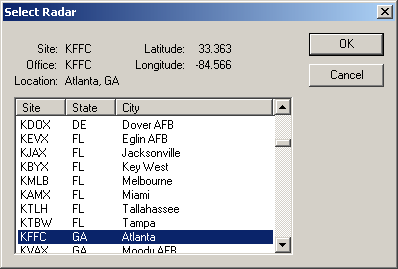 site menu dialog select radar displays